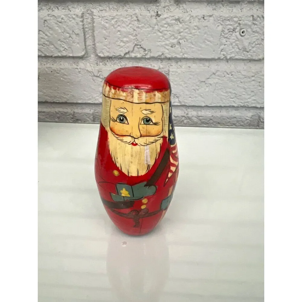 Vintage Russian Santa Claus Hand Painted Wood Nesting Dolls 5 PCS
